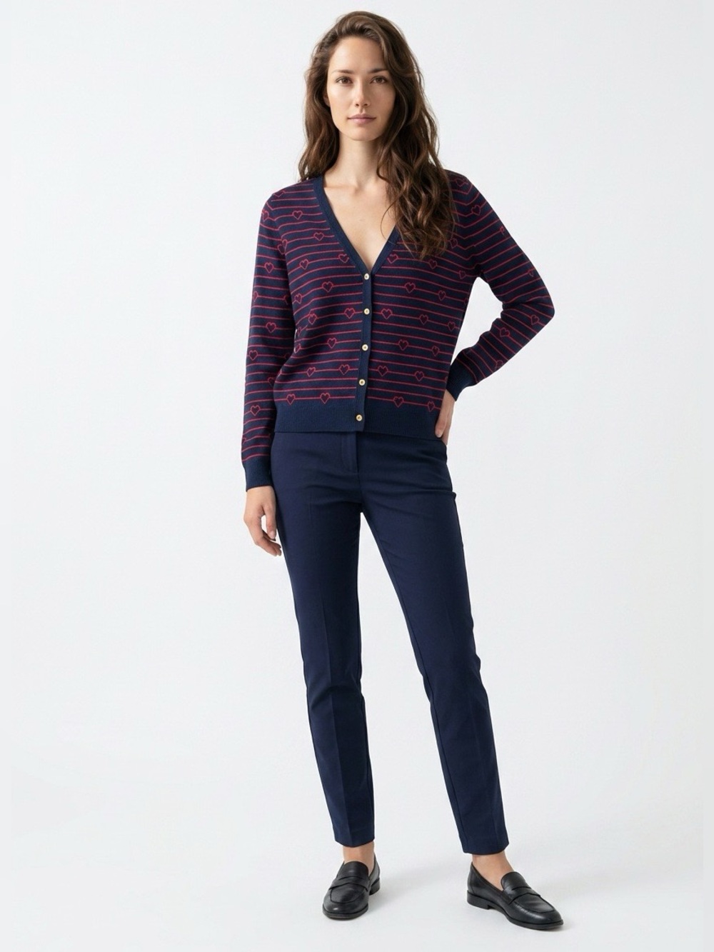 Belldini Hearts Cardigan Sweater XL New Navy & Infrared Red NWT Button Up Soft